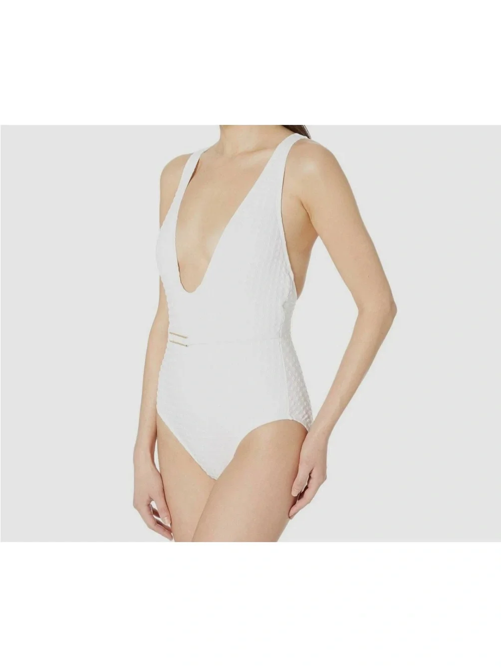 LA BLANCA Women's White Textured Belted Plunging One-Piece Swimsuit Size 14